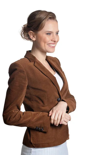 Retrato Hermosa Mujer Negocios Posando Aislada Sobre Blanco — Foto de Stock