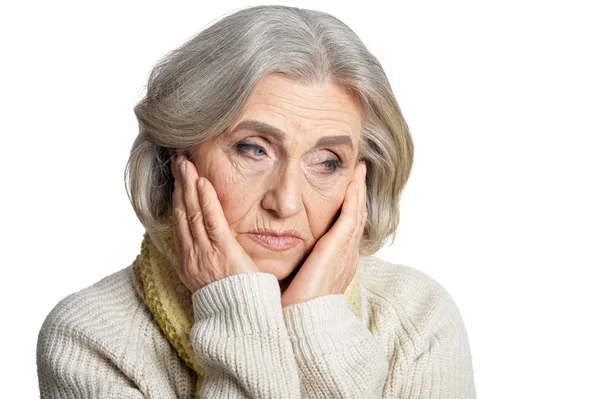 Portrait Femme Âgée Triste Posant Sur Fond Blanc — Photo