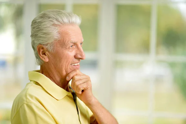 Close Portrait Thoughtful Senior Man Home — Stock Photo, Image