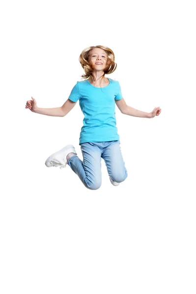 Retrato Longitud Completa Linda Chica Ropa Casual Saltando Aislado Sobre — Foto de Stock