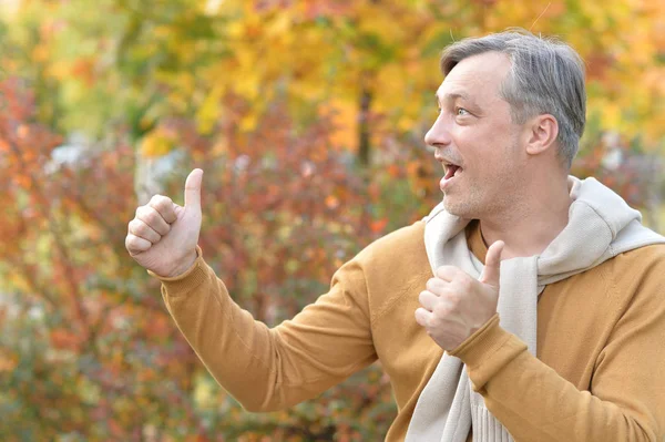英俊的人的肖像显示竖起大拇指 秋天叶子在背景上 — 图库照片