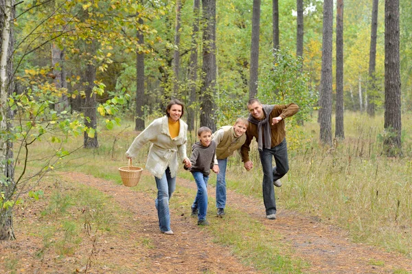 Famille Quatre Personnes Reposant Dans Forêt Automne — Photo