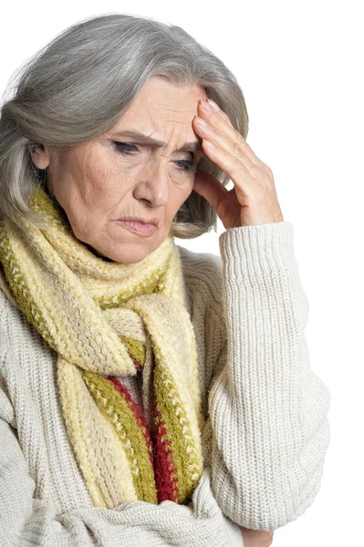 Smutny Starszy Kobieta Bólem Głowy Białym Tle — Zdjęcie stockowe
