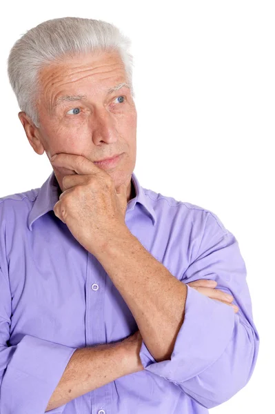 Porträtt Tänkande Senior Man Isolerade Vit Bakgrund — Stockfoto