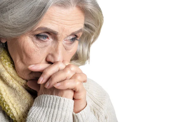 Portret Smutny Starszy Kobieta Białym Tle Pozowanie — Zdjęcie stockowe