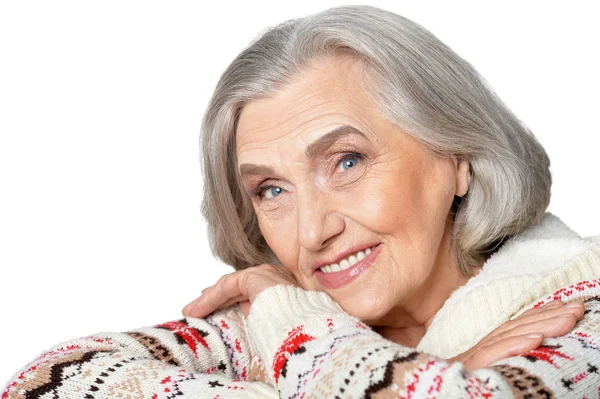 Close Van Portret Van Mooie Senior Vrouw Poseren Geïsoleerd Witte — Stockfoto