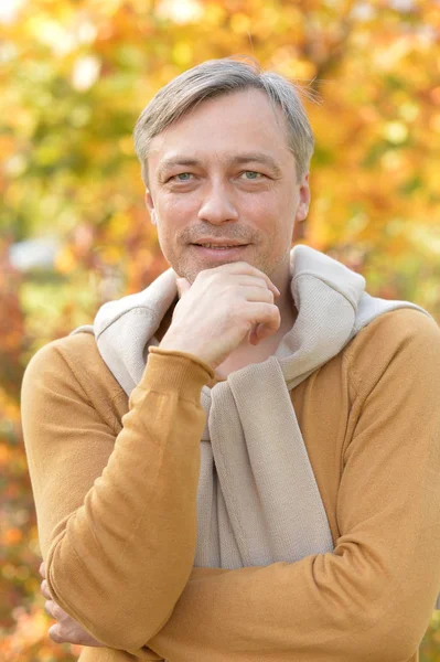 Porträt Eines Gutaussehenden Selbstbewussten Mannes Herbstblätter Hintergrund — Stockfoto