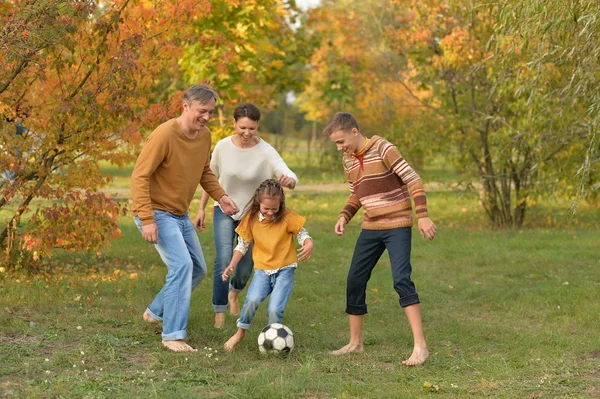 快乐的大家庭在公园踢足球 — 图库照片