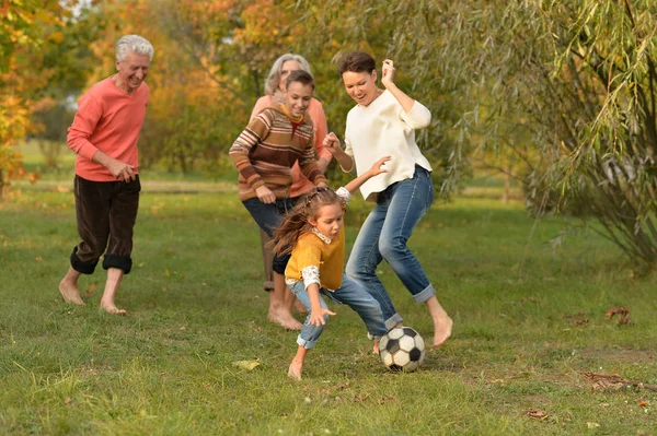 Grande família jogar futebol — Fotografia de Stock