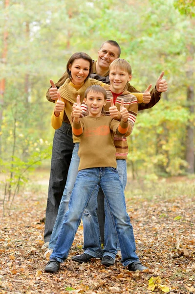 Familia Cuatro Personas Descansando Bosque Otoño Mostrando Los Pulgares Hacia — Foto de Stock