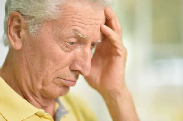 Close Portrait Thoughtful Senior Man Home — Stock Photo, Image