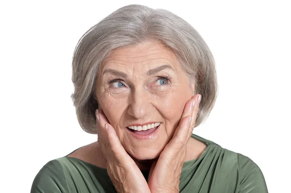 Ritratto Bella Donna Anziana Sorridente Isolata Sfondo Bianco — Foto Stock
