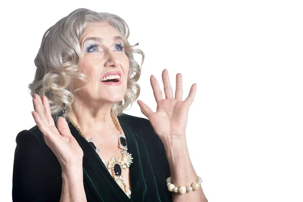 Portret Van Verrast Senior Vrouw Geïsoleerd Witte Achtergrond — Stockfoto