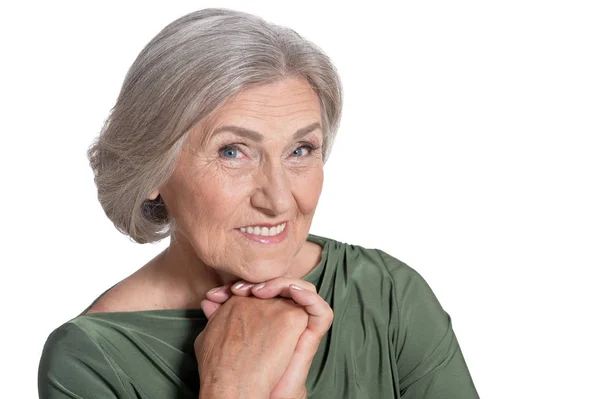 美しい笑顔の年配の女性の白い背景で隔離の肖像画 — ストック写真