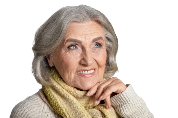 Portret Van Mooie Senior Vrouw Geïsoleerd Witte Achtergrond — Stockfoto