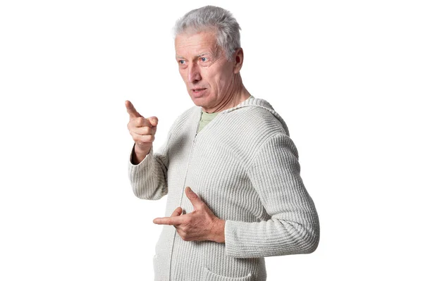 Ritratto Uomo Anziano Posa Isolato Sfondo Bianco — Foto Stock