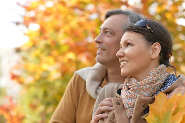 Porträt Eines Glücklichen Paares Posiert Herbstlichen Park Freien — Stockfoto