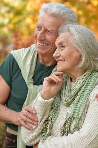 Retrato Hermosa Pareja Ancianos Abrazándose Parque —  Fotos de Stock