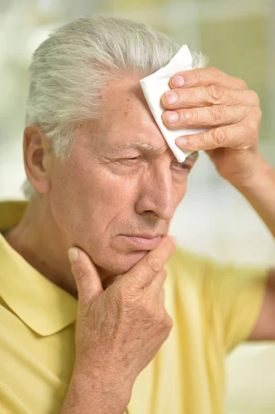 Portrait Sad Senior Man Headache Home — Stock Photo, Image