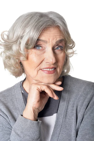 Närbild Porträtt Vackra Senior Kvinna Poserar Isolerade Vit Bakgrund — Stockfoto