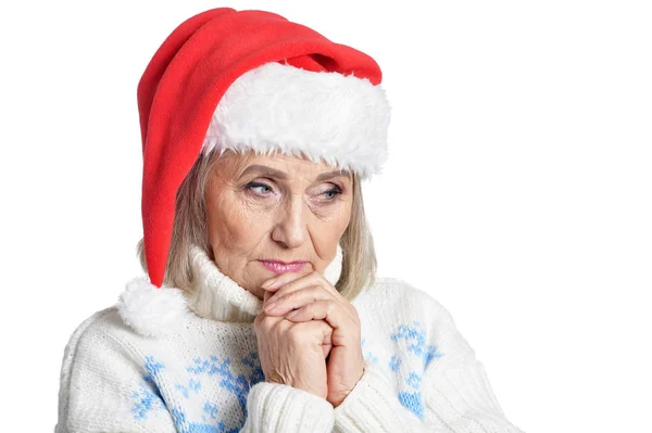 Portrait Sad Senior Woman Santa Hat Isolated White Background — Stock Photo, Image