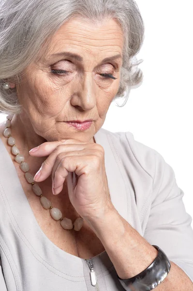 Triste Mulher Idosa Isolado Fundo Branco — Fotografia de Stock