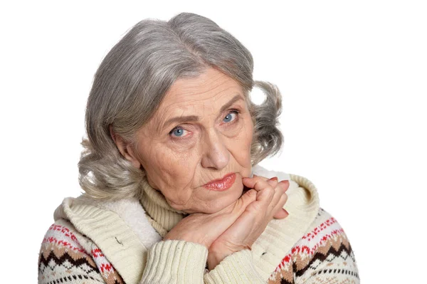 Triste Donna Anziana Isolata Sfondo Bianco — Foto Stock