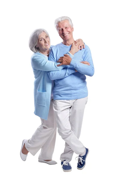 Porträt Eines Glücklichen Senioren Paares Das Sich Auf Weißem Hintergrund — Stockfoto