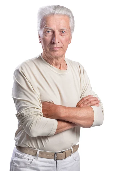 Thoughtful Senior Man Posing Isolated White Background — Stock Photo, Image