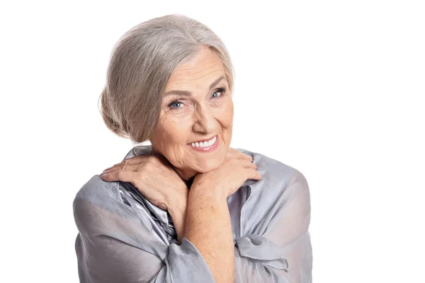 Προσωπογραφία Της Όμορφης Ηλικιωμένης Γυναίκας Που Ποζάρει Απομονωμένη Λευκό Φόντο — Φωτογραφία Αρχείου