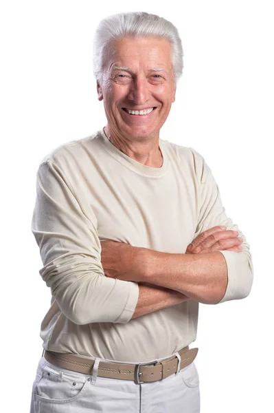 Happy Senior Man Posing Isolated White Background — Stock Photo, Image