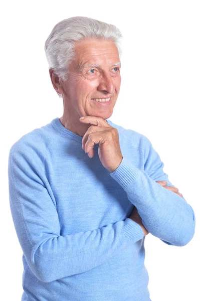 Feliz Homem Sênior Posando Isolado Fundo Branco — Fotografia de Stock