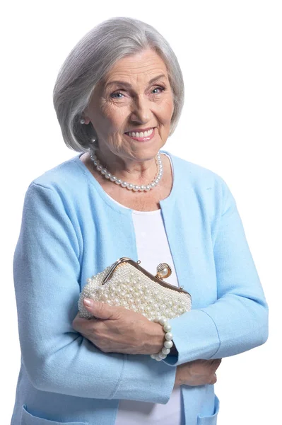 Portrait Beautiful Senior Woman Purse Isolated White Background — Stock Photo, Image