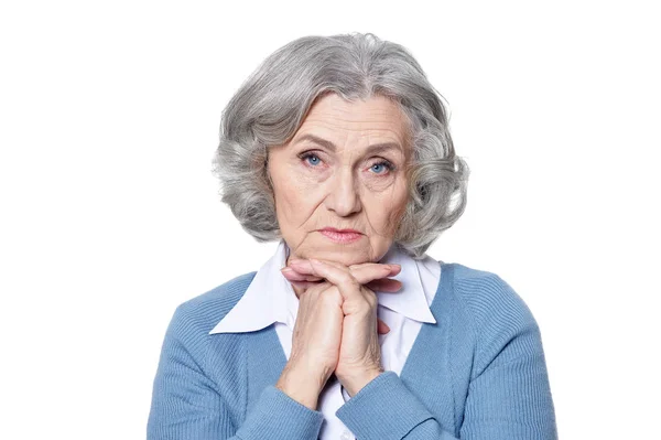 Portret Pięknej Kobiety Senior Smutny Pozowanie Białym Tle — Zdjęcie stockowe