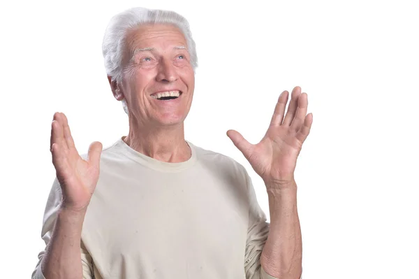 幸せな年配の男性の分離の白い背景をポーズ — ストック写真