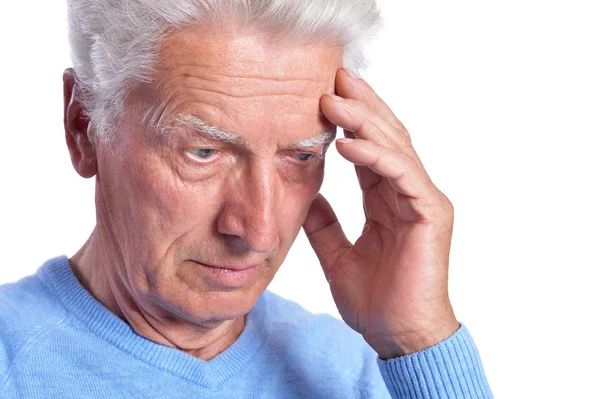 Senior Man Met Hoofdpijn Geïsoleerd Witte Achtergrond — Stockfoto