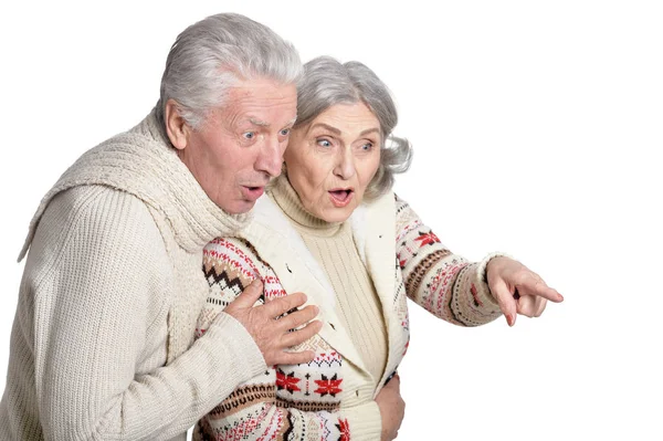 Portrait Senior Couple White Background Woman Pointing Finge — Stock Photo, Image