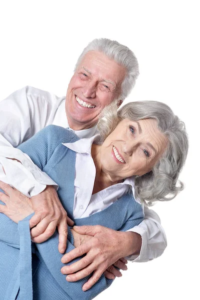 Retrato Feliz Pareja Ancianos Sobre Fondo Blanco — Foto de Stock