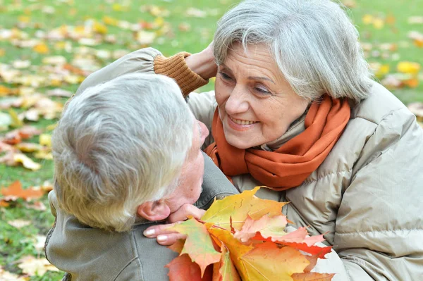 Gelukkige Senior Paar Zitten Herfst Park — Stockfoto