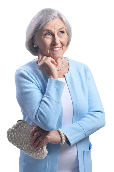 Portret Van Mooie Senior Vrouw Met Portemonnee Geïsoleerd Witte Achtergrond — Stockfoto
