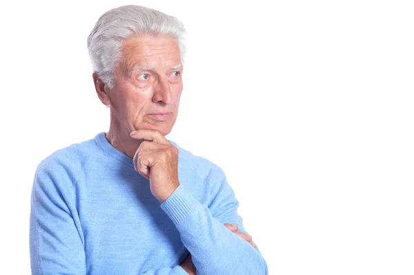 Tankeväckande Senior Man Poserar Isolerade Vit Bakgrund — Stockfoto