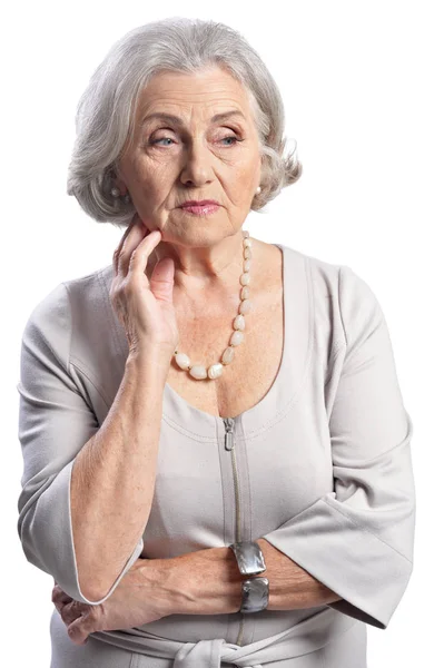 Triste Mulher Idosa Isolado Fundo Branco — Fotografia de Stock