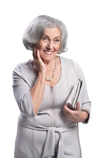 Портрет Красивой Пожилой Женщины Сумкой Белом Фоне — стоковое фото