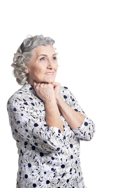 Ritratto Bella Donna Anziana Posa Isolata Sfondo Bianco — Foto Stock