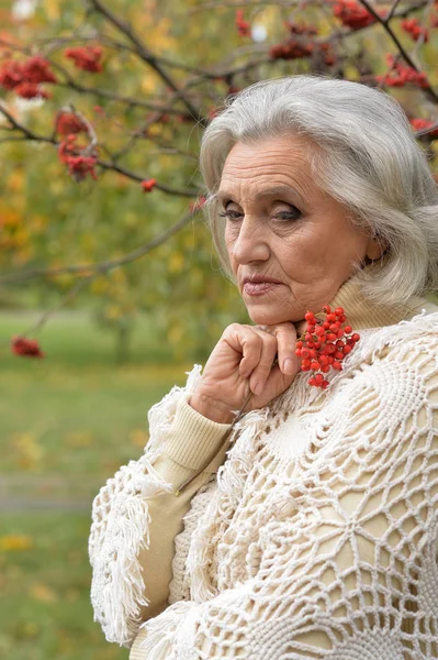 Porträtt Vackra Sorgliga Senior Kvinna Suddig Hösten Bakgrund — Stockfoto