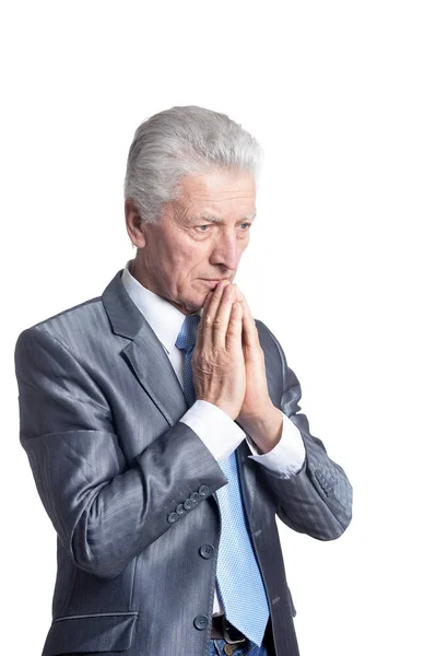Close Portrait Senior Businessman Formal Suit Praying Isolated White Background — Stock Photo, Image