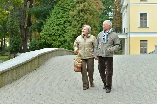 Feliz Pareja Ancianos Caminando Parque — Foto de Stock