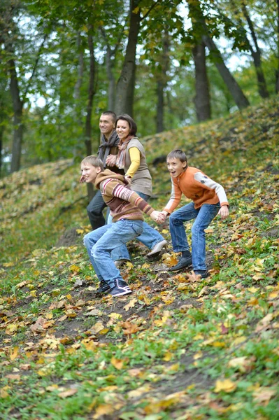 Familia Cuatro Descendiendo Parque Otoño —  Fotos de Stock