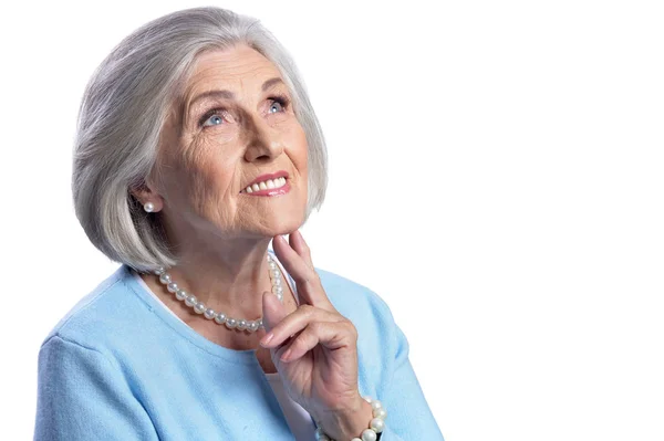 Retrato Una Hermosa Mujer Mayor Posando Aislada Sobre Fondo Blanco — Foto de Stock