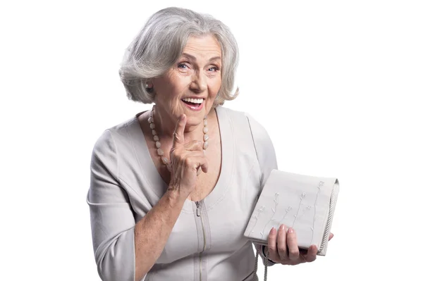 Retrato Mujer Mayor Hermosa Con Bolsa Aislada Sobre Fondo Blanco —  Fotos de Stock